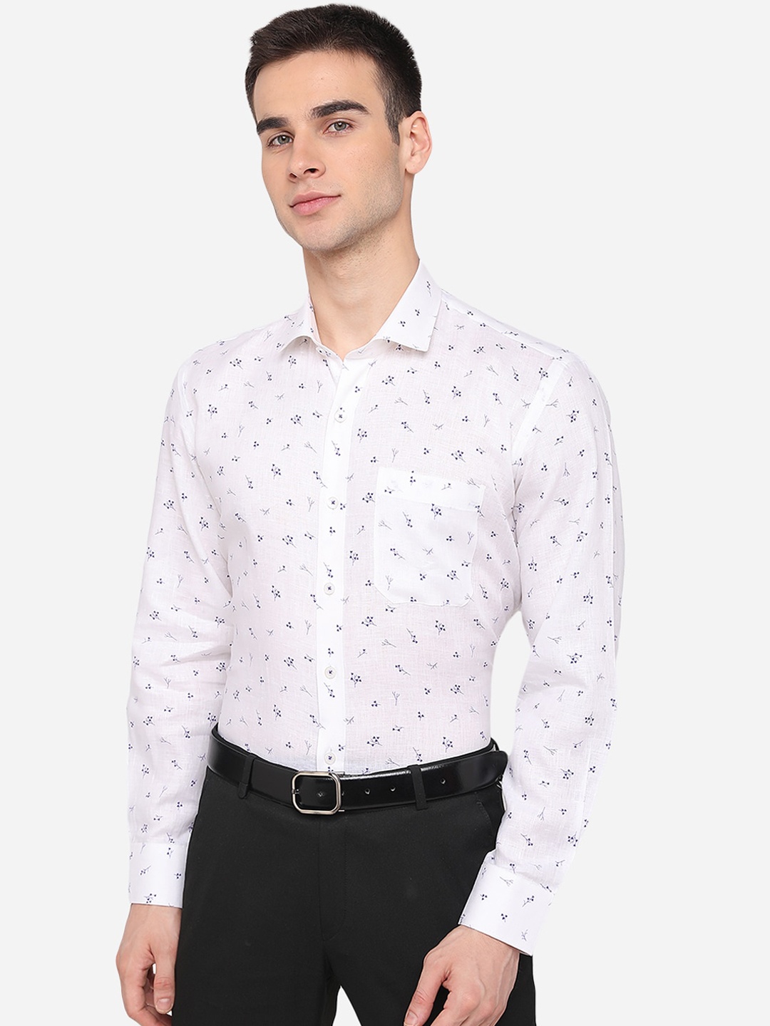 

JADE BLUE Men White Floral Printed Linen Formal Shirt