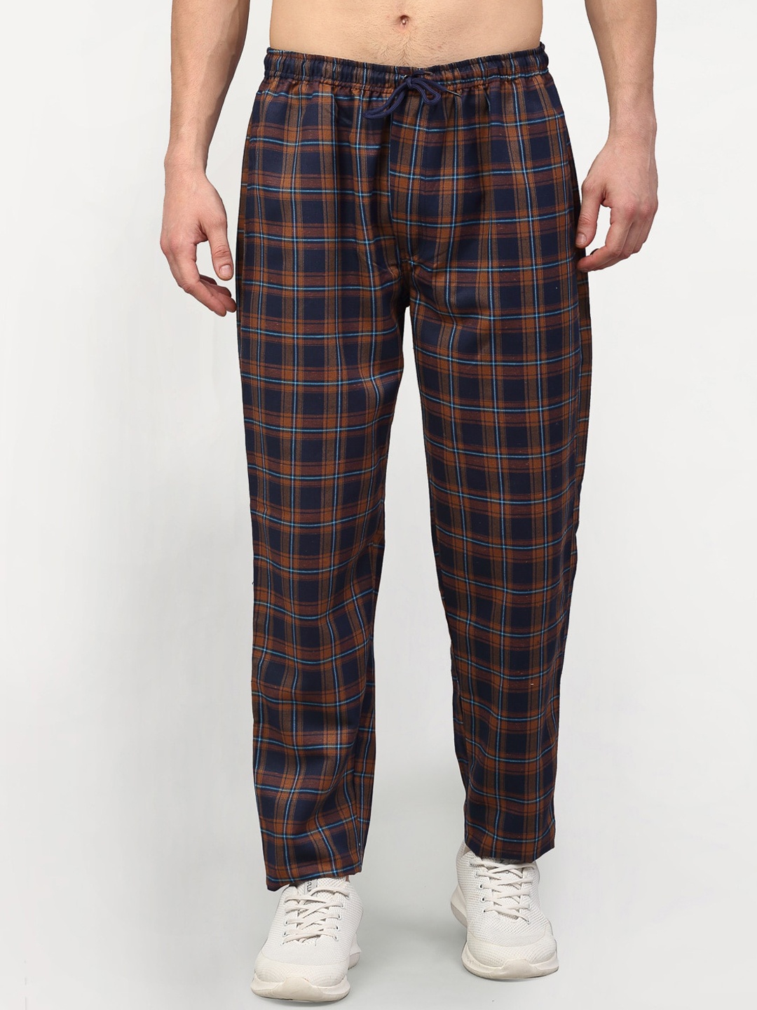 

JAINISH Men Orange & Navy Blue Checked Pure Cotton Track Pants
