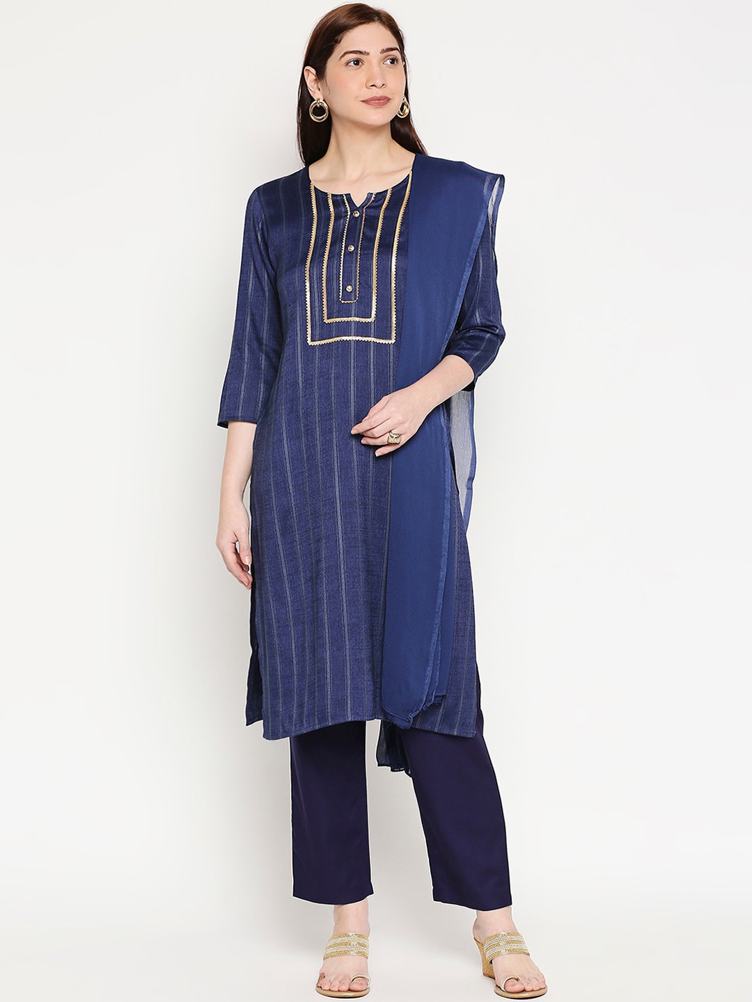 

ZRI Women Navy Blue Striped Kurta with Trousers & With Dupatta