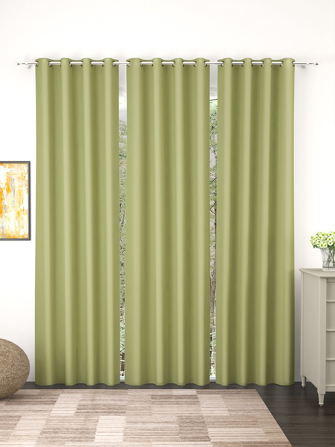 

Story@Home Faux Silk Solid Solid 300GSM Light Green Room Darkening Blackout Long Door Curtain - Set Of 3, Lime green