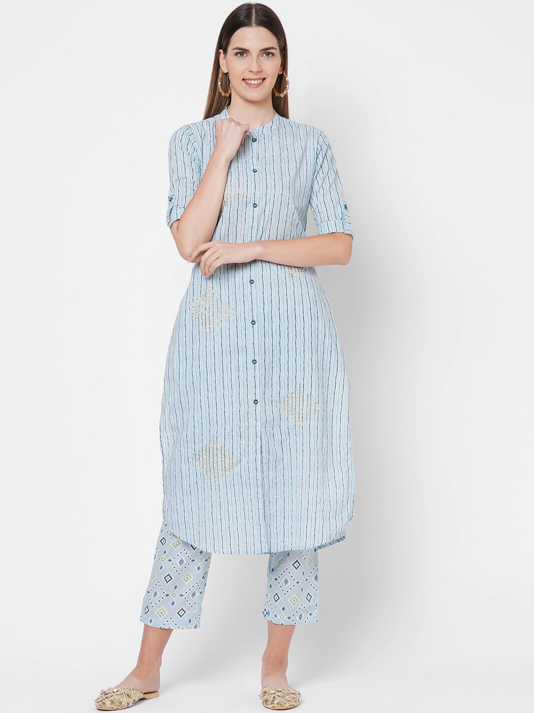 

FASHOR Women Blue Striped Pure Cotton Kurta with Trousers