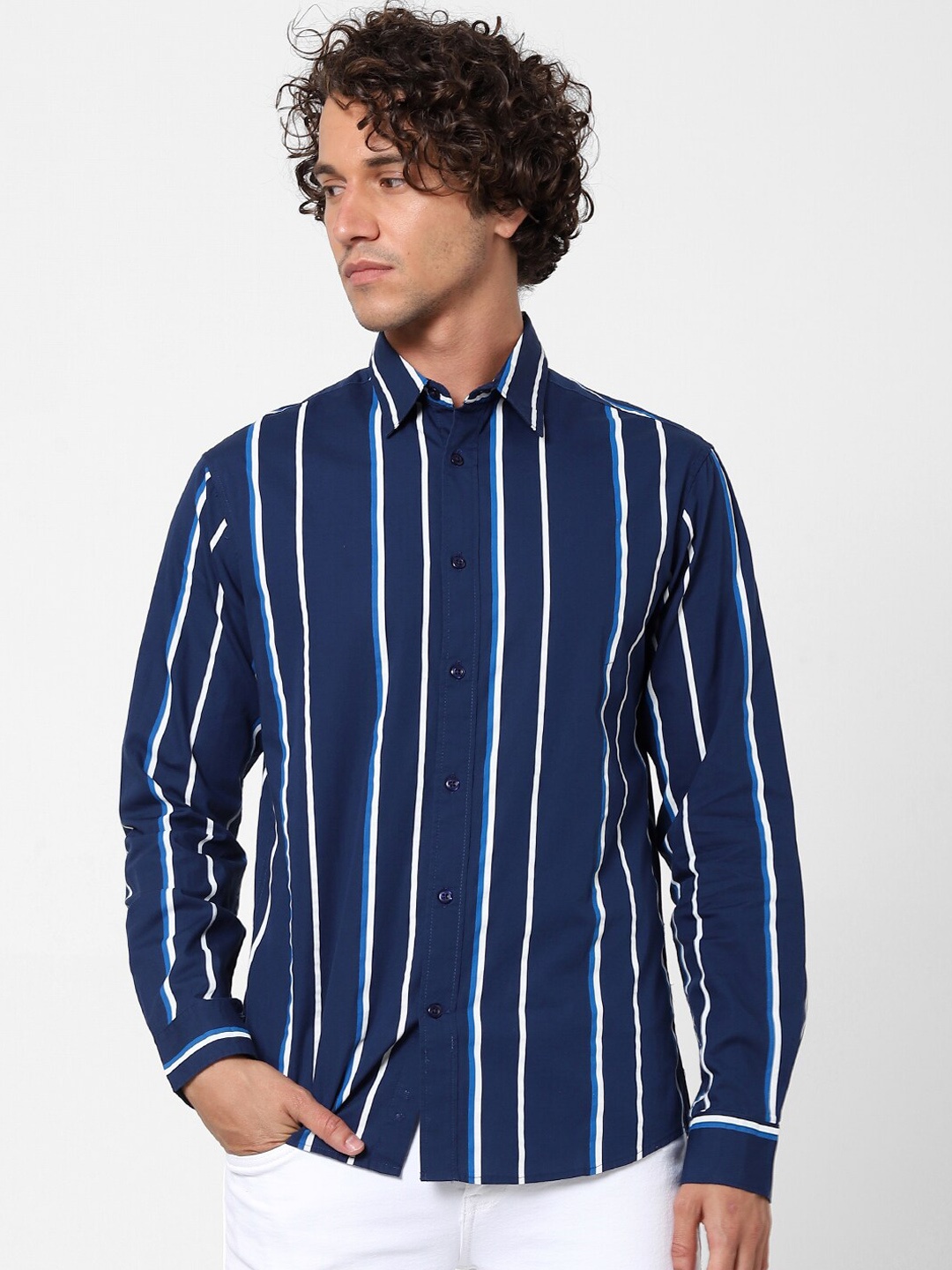 Celio Men Navy Blue Multi Stripes Striped Casual Shirt