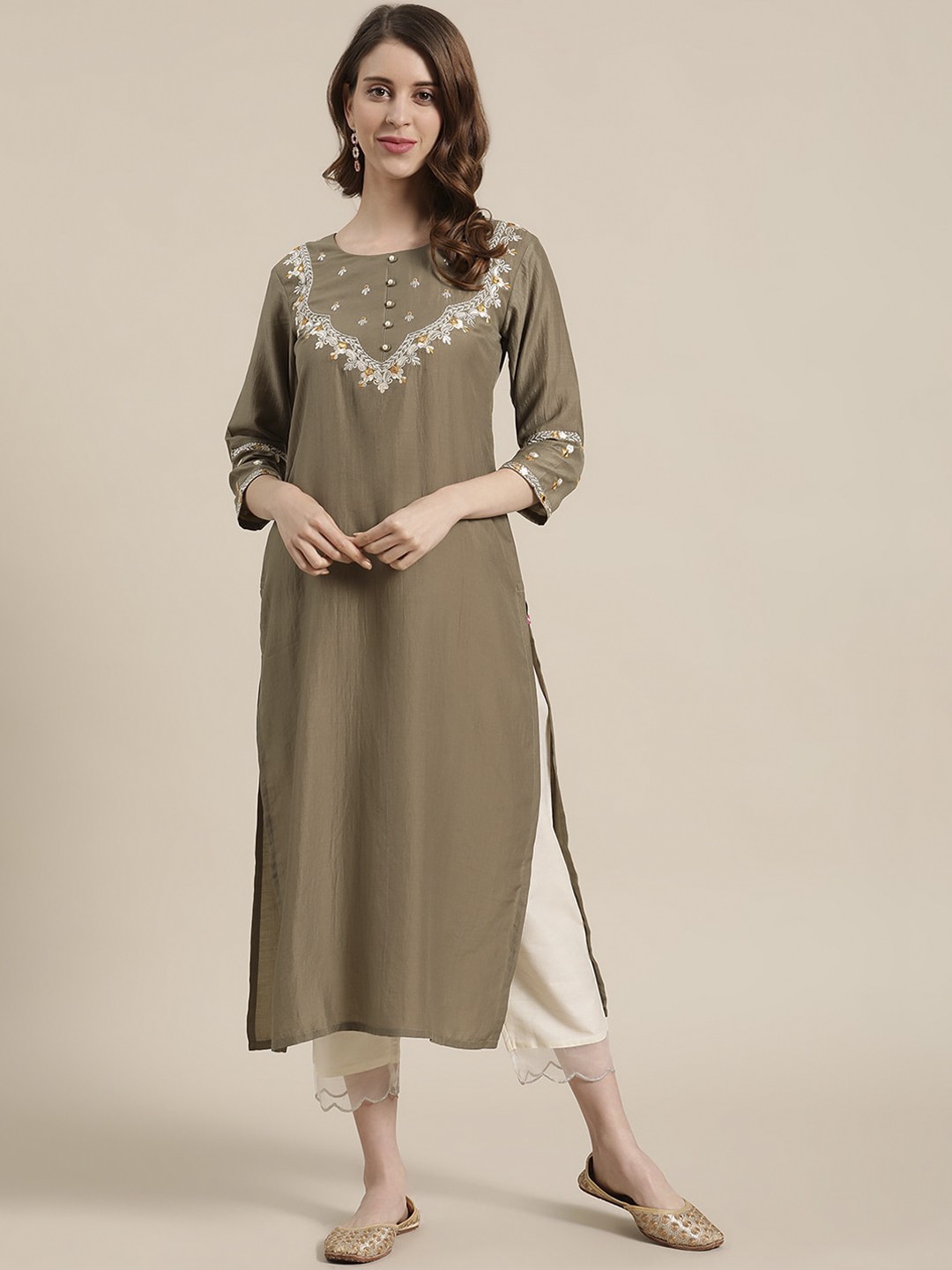Varanga Women Olive Floral Embroidered Kurta with Trousers