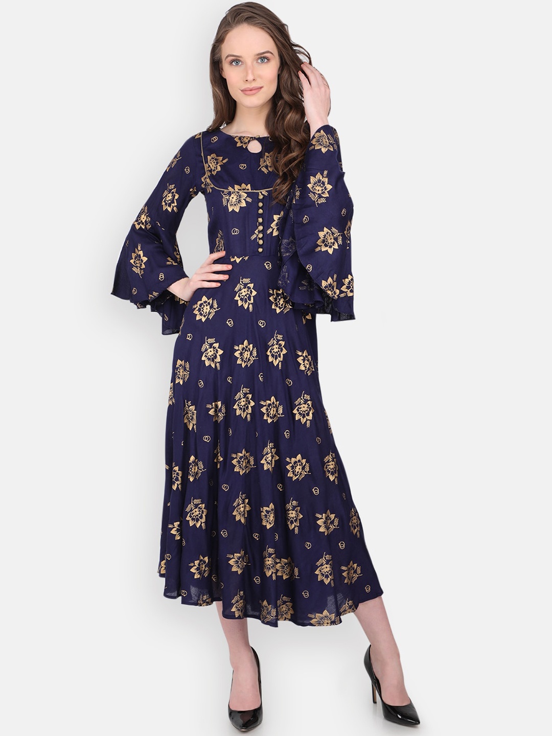 

MARC LOUIS Blue Ethnic Motifs Printed Flared Sleeves Angrakha Anarkali Kurti