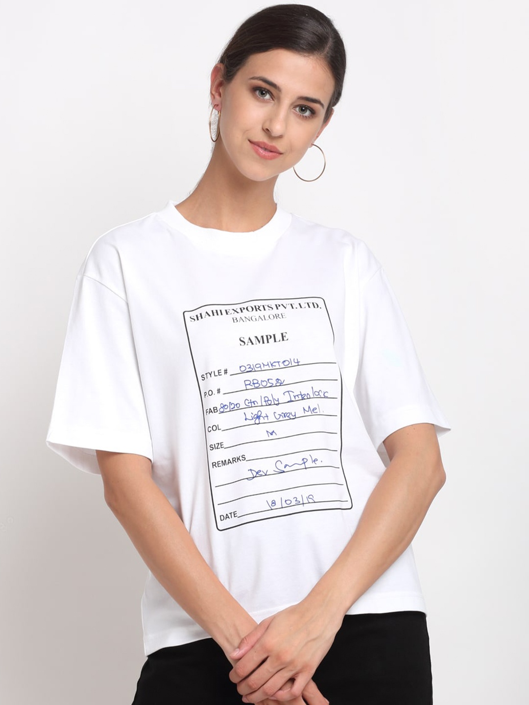 

Bhaane Women White Black Typography Printed Drop-Shoulder Sleeves Loose Cotton Pure Cotton T-shirt