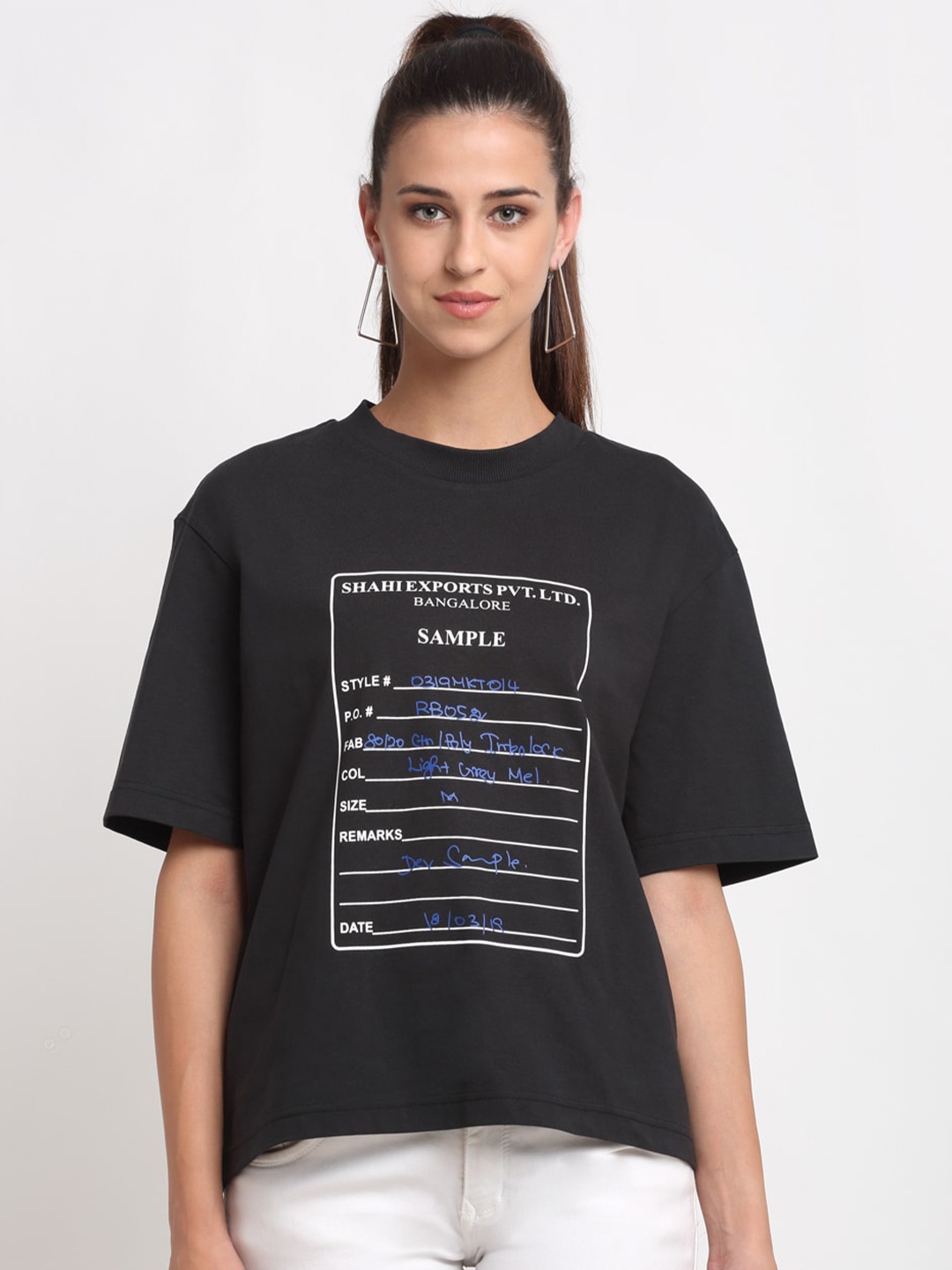 

Bhaane Women Black Typography Printed Loose Cotton Pure Cotton T-shirt