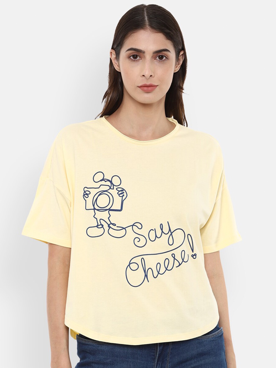 

Van Heusen Woman Women Yellow & Blue Typography Printed Loose Cotton T-shirt