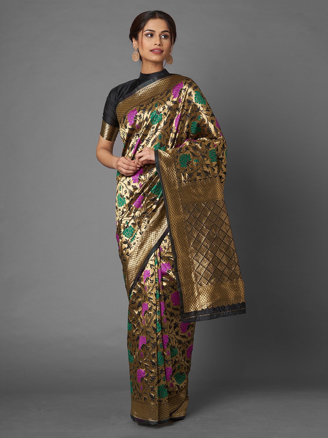 

Mitera Black & Gold-Toned Ethnic Motifs Silk Blend Banarasi Saree