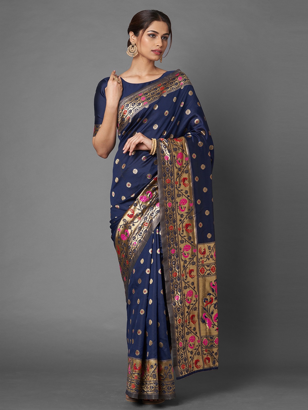 

Mitera Navy Blue Ethnic Motifs Zari Silk Blend Banarasi Saree
