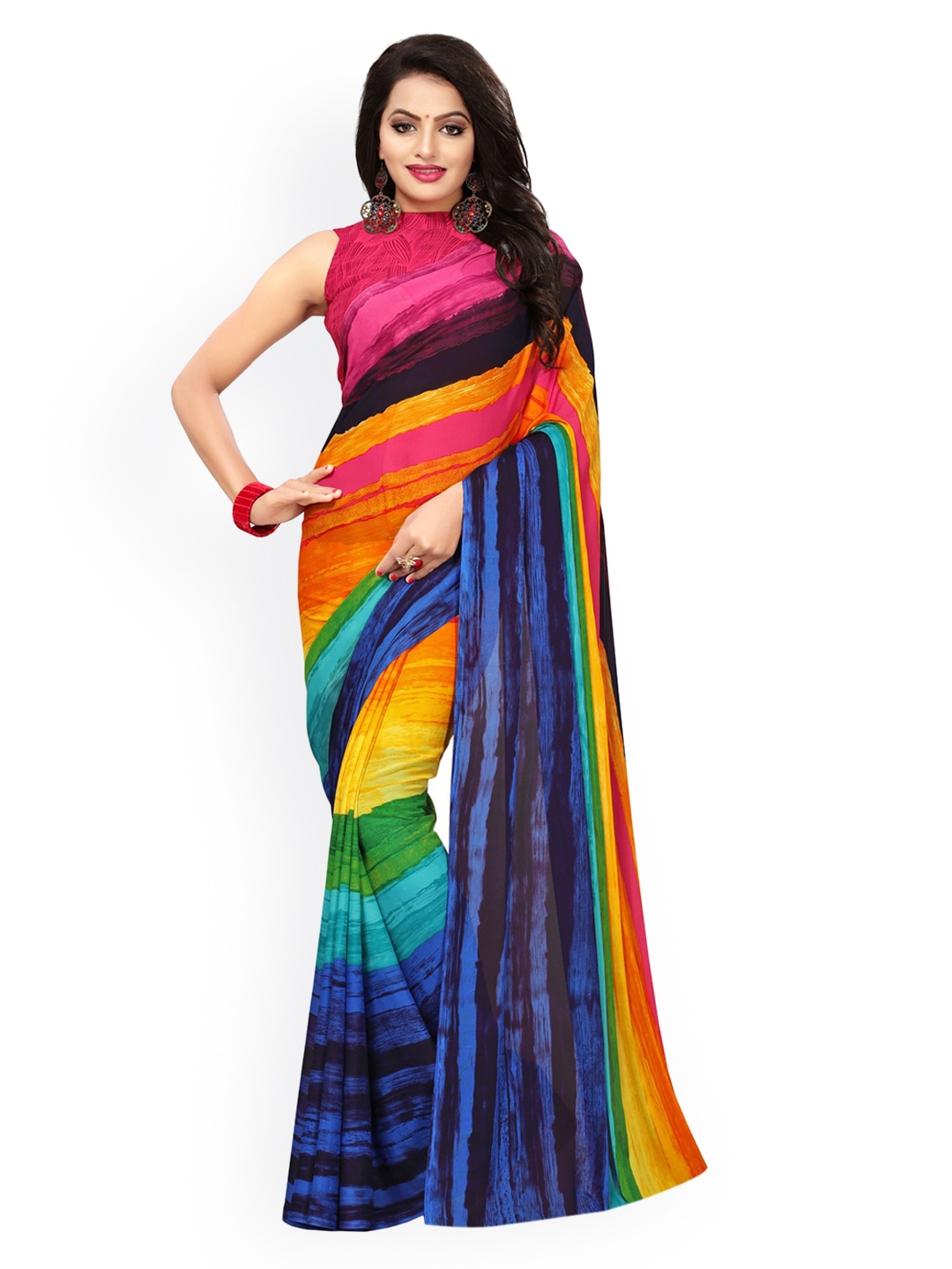 

KALINI Multi Striped Embroidered Pure Georgette Saree