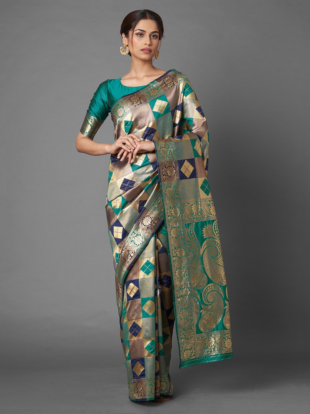 

Mitera Sea Green Checked Zari Silk Blend Banarasi Saree