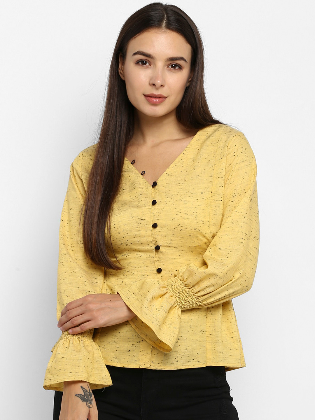 

DEEBACO Yellow & Black Bell Sleeve Cinched Waist Top