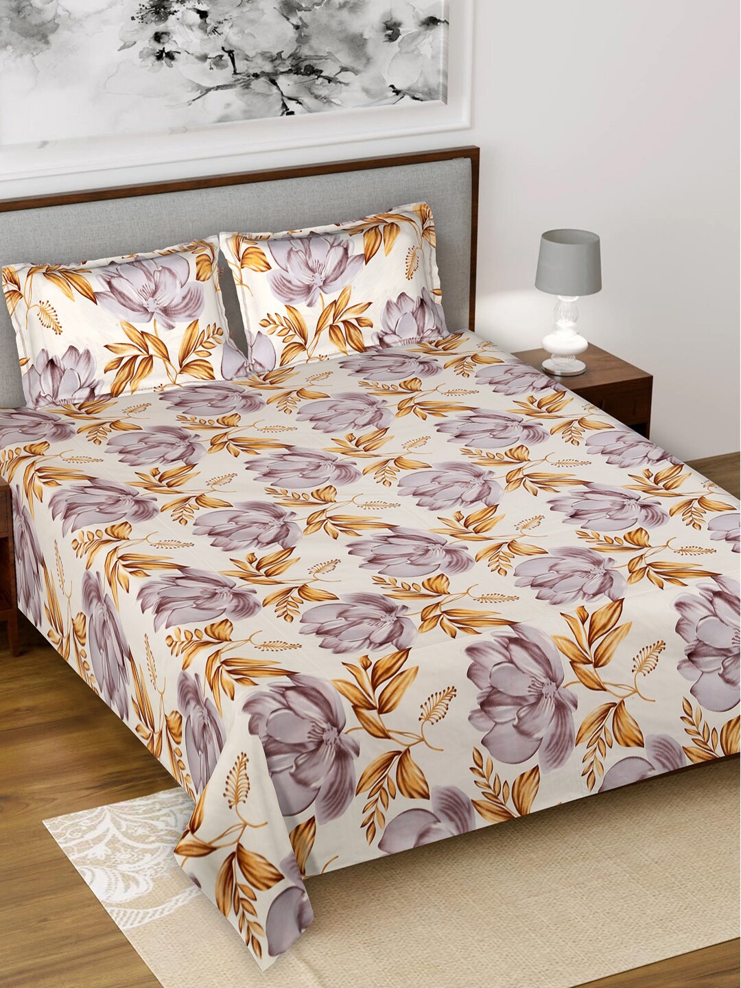 

Kuber Industries White & Violet Floral King Bedsheet with 2 Pillow Covers