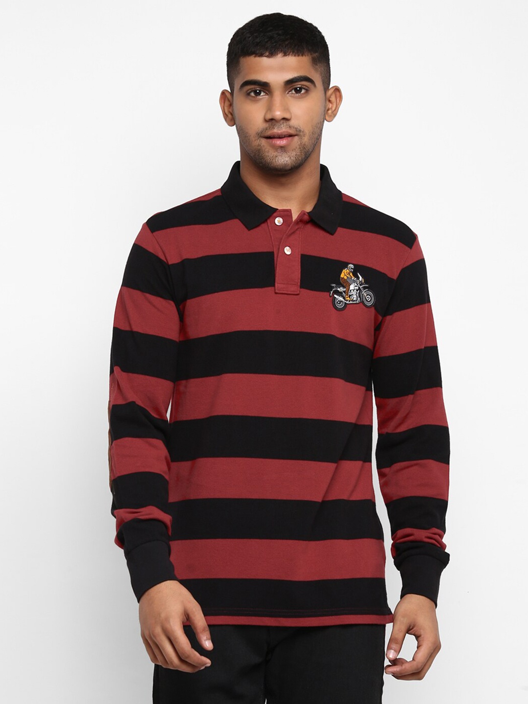 

Royal Enfield Men Red & Black Striped Polo Collar Applique Cotton T-shirt