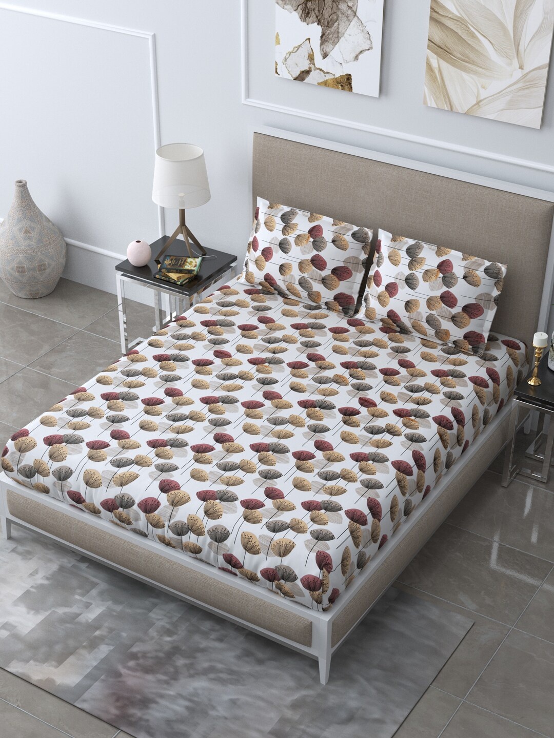 

LIVING ROOTS White & Brown Floral 210 TC Queen Bedsheet with 2 Pillow Covers