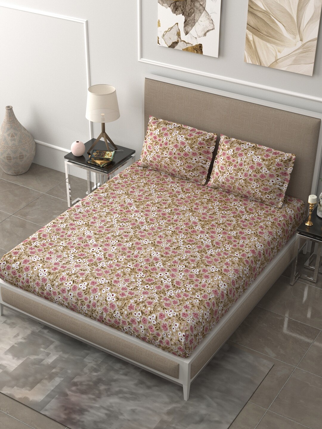 

LIVING ROOTS Olive & Pink Floral 210 TC Queen Bedsheet with 2 Pillow Covers