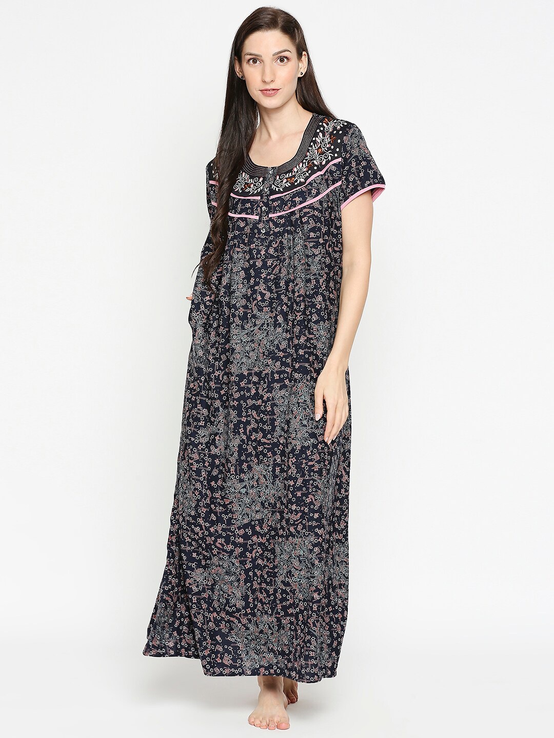 

Pretty Awesome Navy Blue Printed Maxi Nightdress
