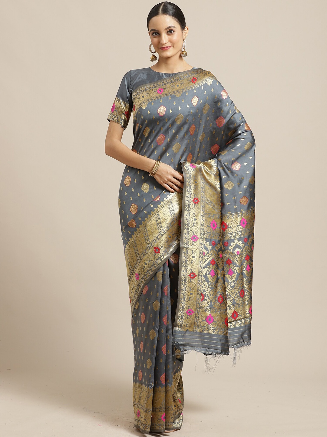 

Saree mall Grey & Gold-Toned Woven Design Silk Blend Banarasi Sarees