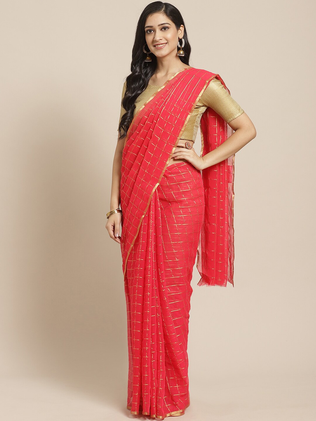 

Saree mall Coral & Gold-Toned Checked Zari Sarees