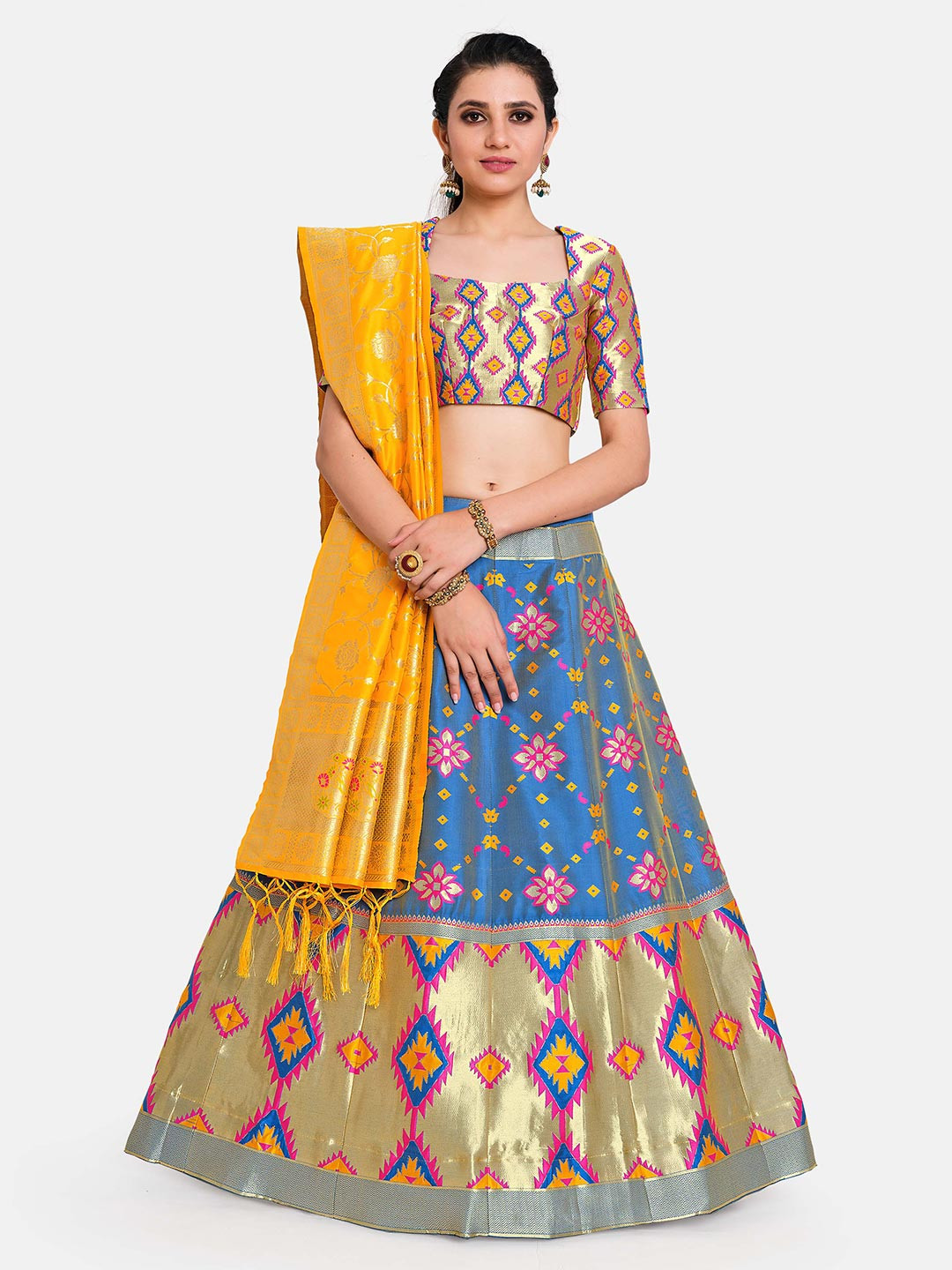 

MIMOSA Gold & Blue Semi-Stitched Lehenga & Blouse with Dupatta