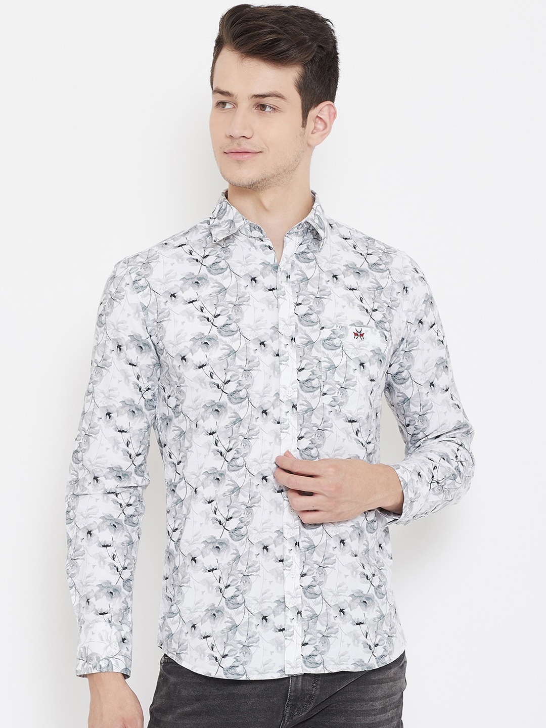 

Crimsoune Club Men Grey Slim Fit Floral Printed Cotton Casual Shirt