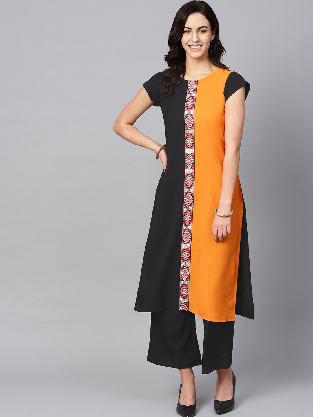 

ZIYAA Women Orange & Black Colourblocked Kurta with Palazzos