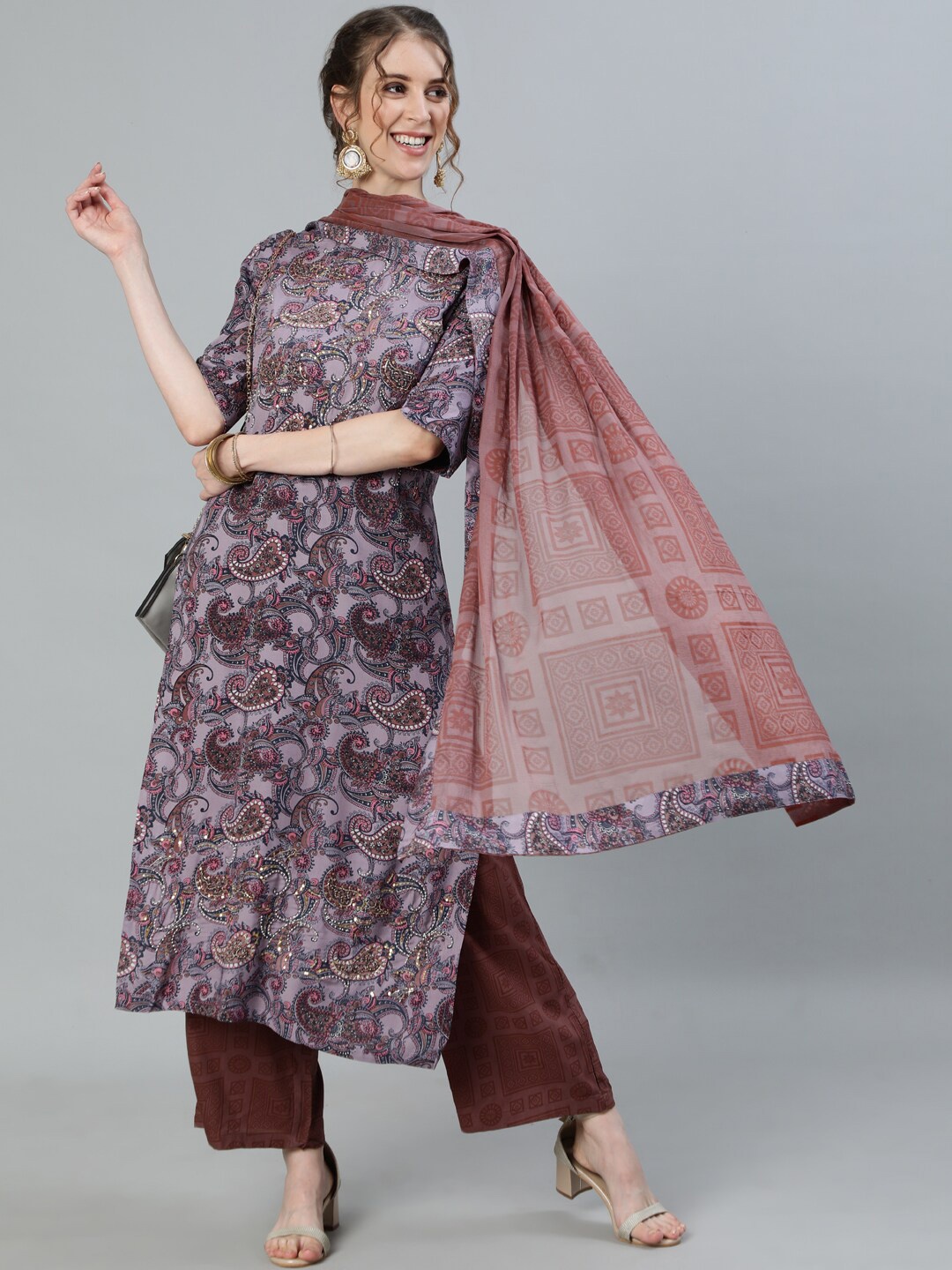 

Ishin Women Purple Paisley Printed Kurta with Palazzos & With Dupatta