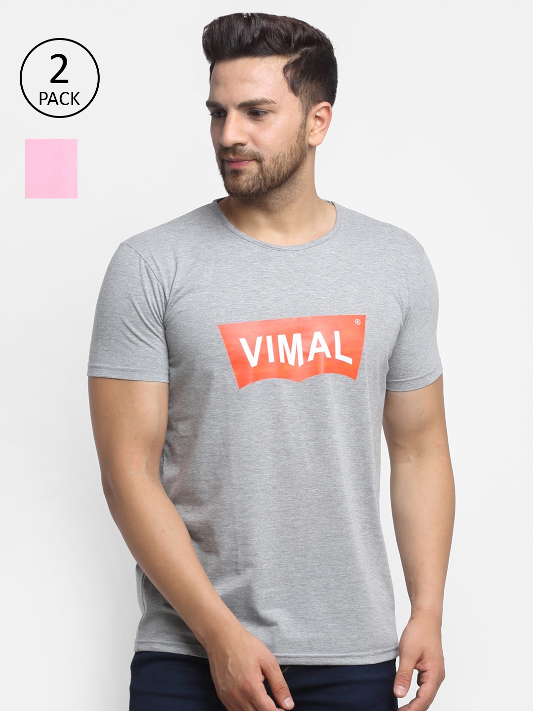 

VIMAL JONNEY Men Pack of 2 Grey & Pink Typography Printed T-shirt