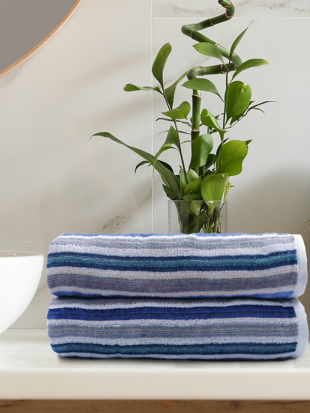 

Trident Set of 2 Grey & Blue Striped 450 GSM Cotton Bath Towels