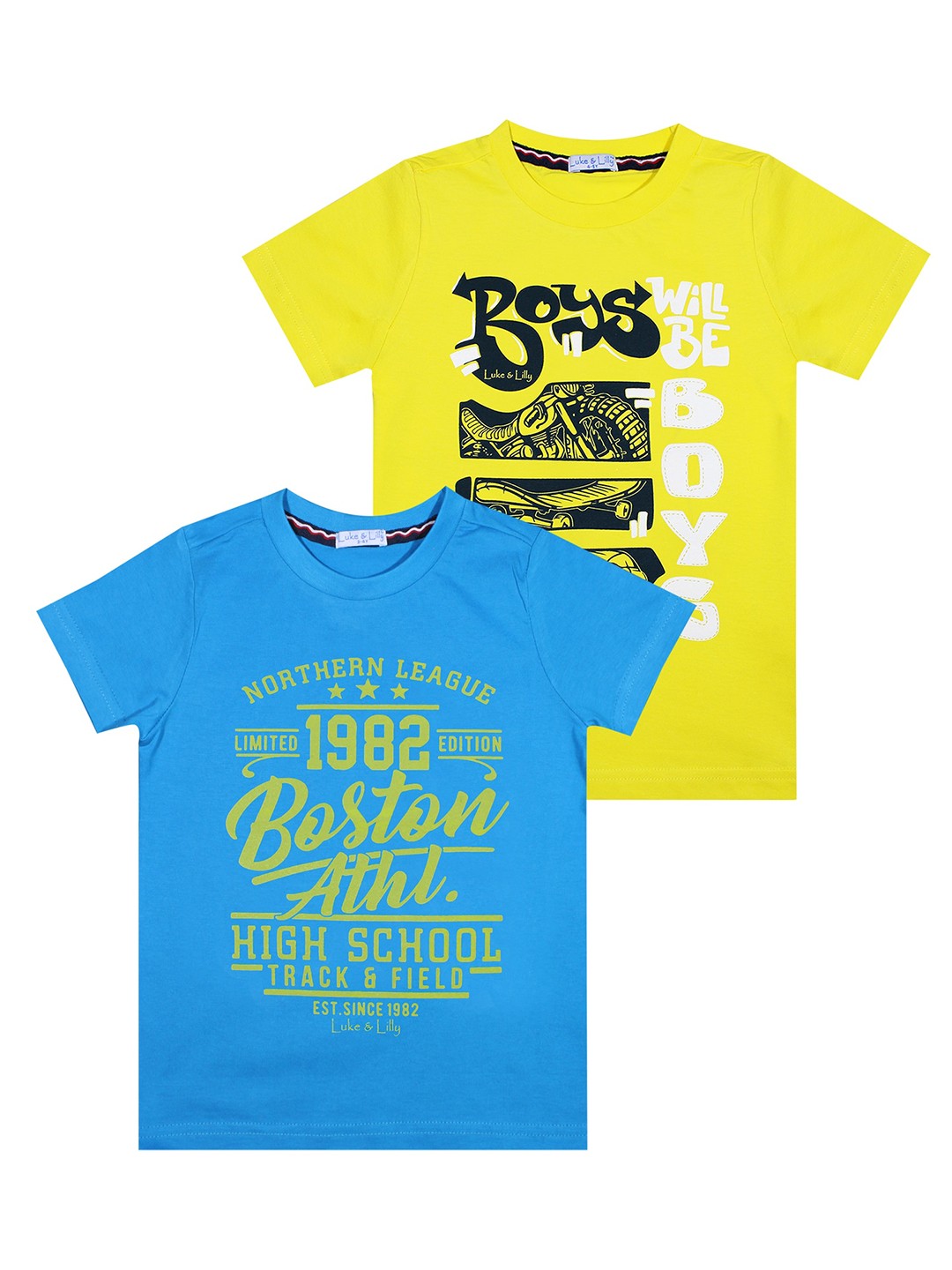 

Luke Lilly Boys Pack of 2 Multi-colored Typography Printed Pure Cotton T-shirt