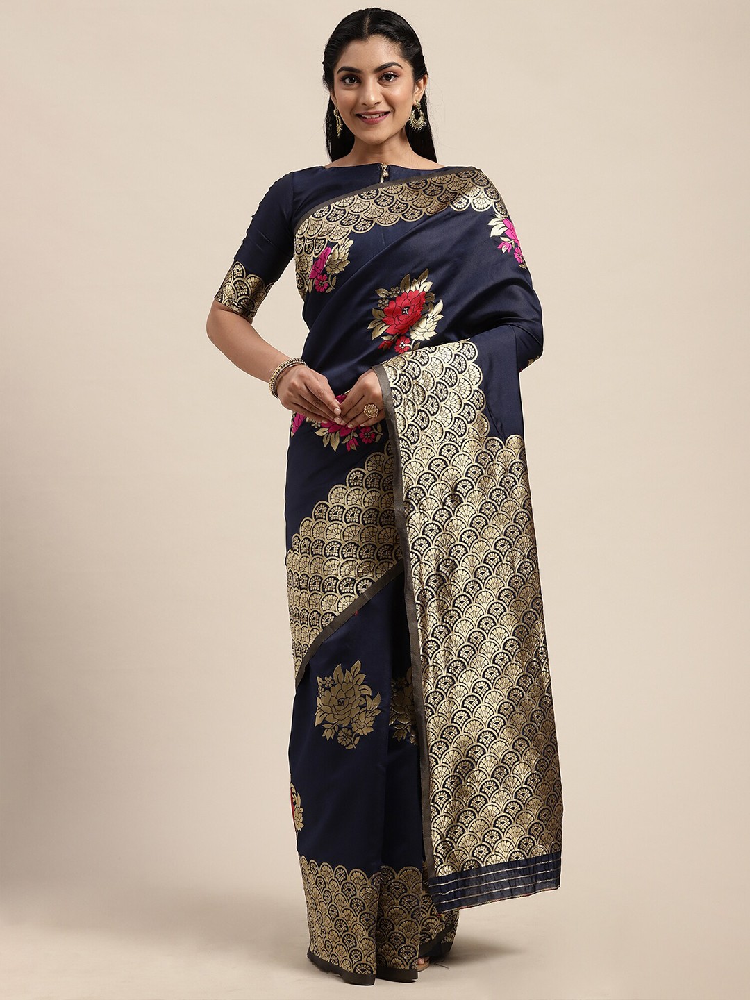 

Saree mall Navy Blue & Gold-Toned Woven Design Silk Blend Banarasi Sarees