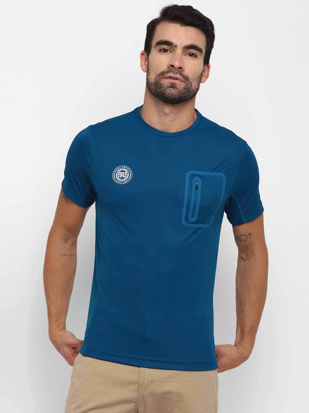 

Royal Enfield Men Teal Blue Brand Logo Printed T-shirt