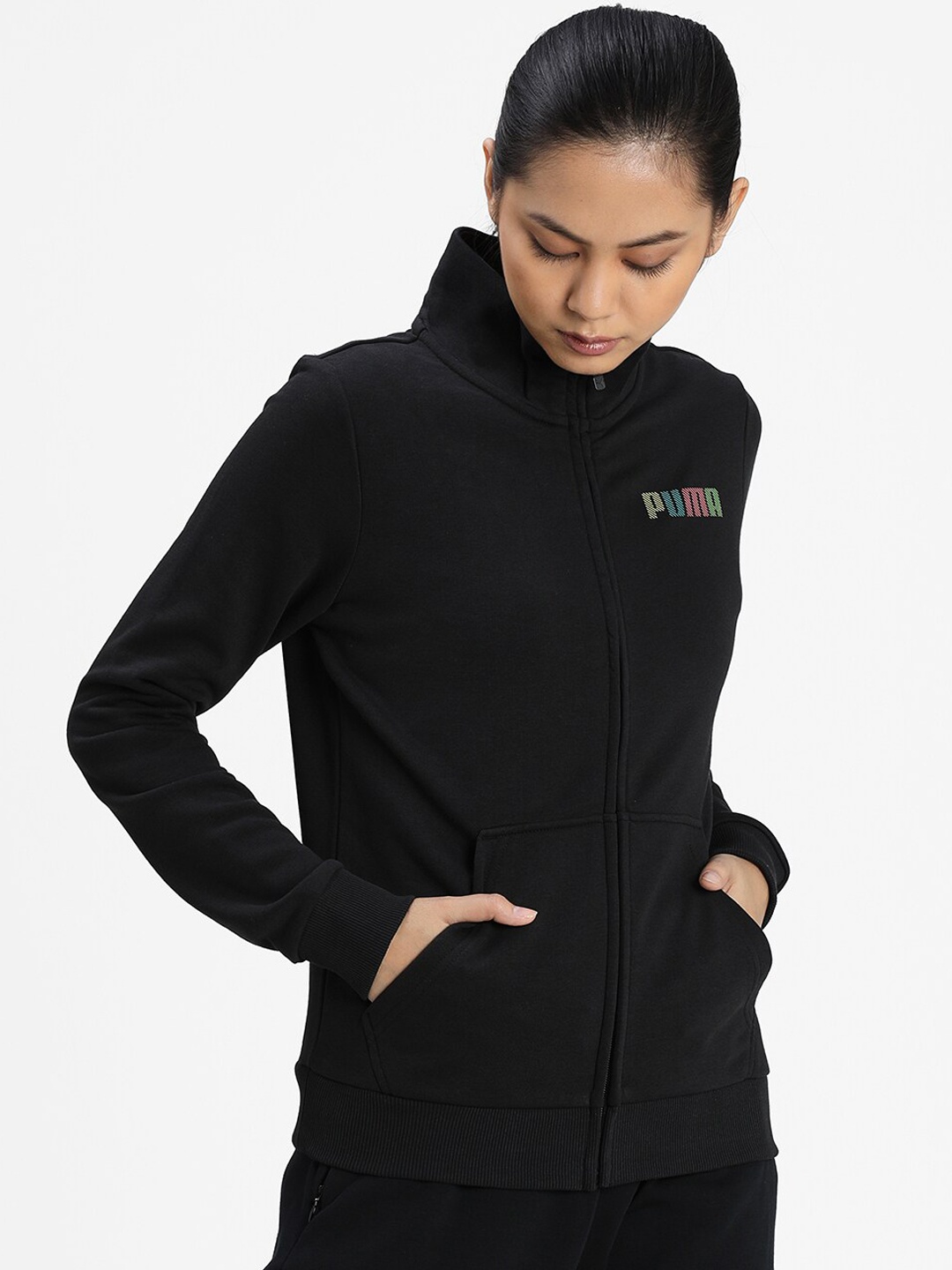 

Puma Women Black Printed Hooded Sweat Jacket