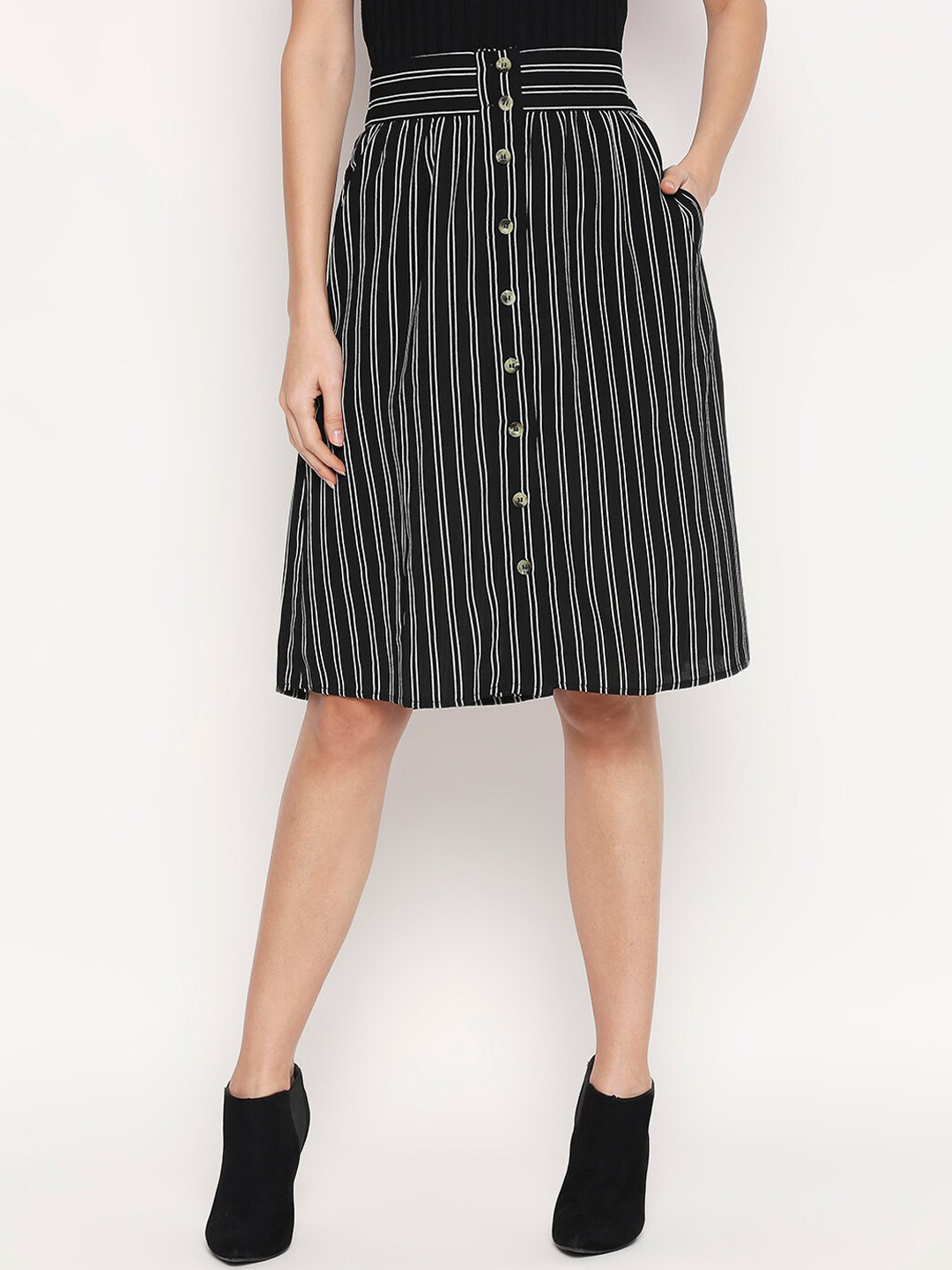 

People Women Black & White Striped A-line Knee-Length Skirt