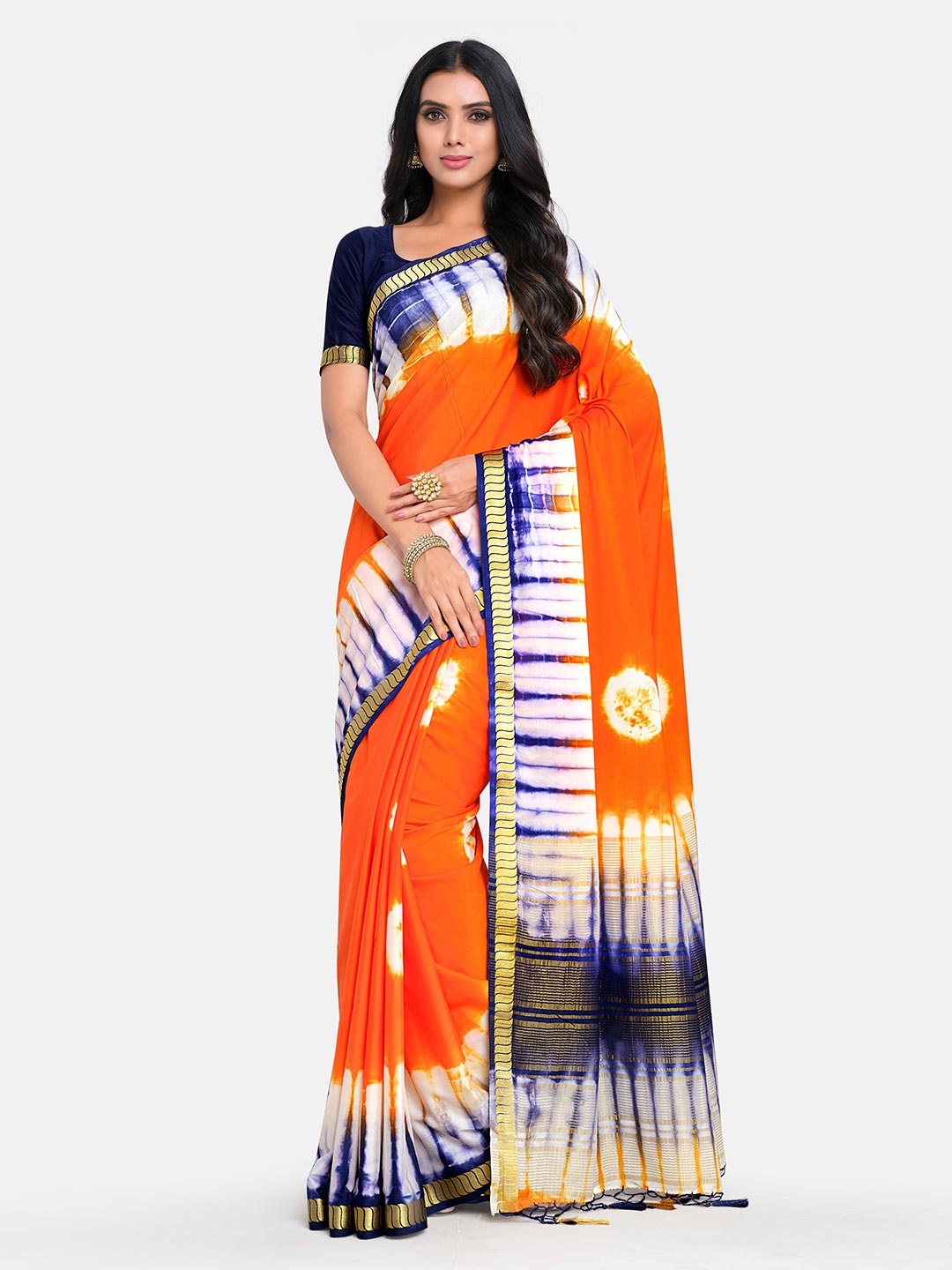

MIMOSA Orange & White Tie and Dye Zari Half and Half Mysore Silk Saree