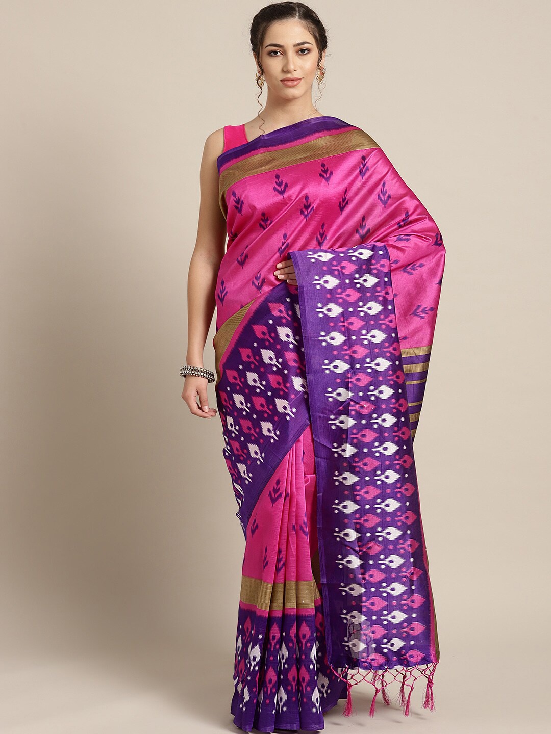 

Saree mall Pink & Purple Ethnic Motifs Art Silk Ikat Sarees