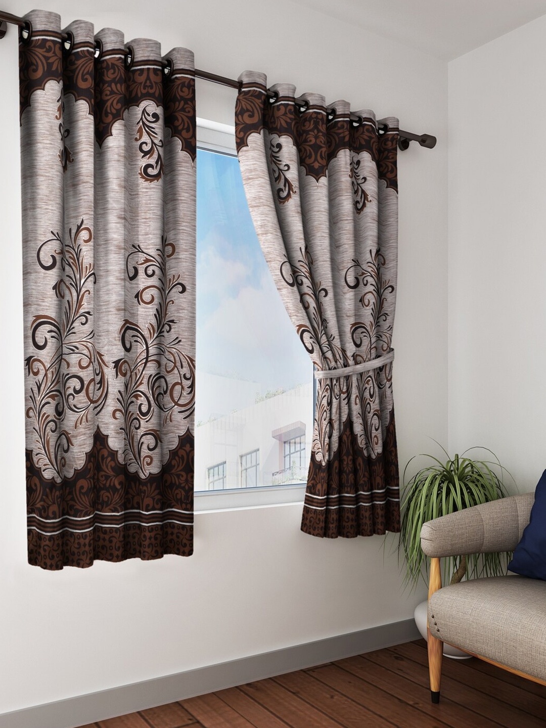 Home Sizzler Grey & Brown Set of 2 Ethnic Motifs Window Curtain