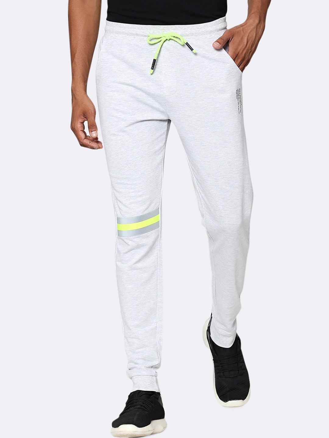 

Bewakoof Heavy Duty 1.0 Ecru Neon Lime Reflector Jogger, Grey melange