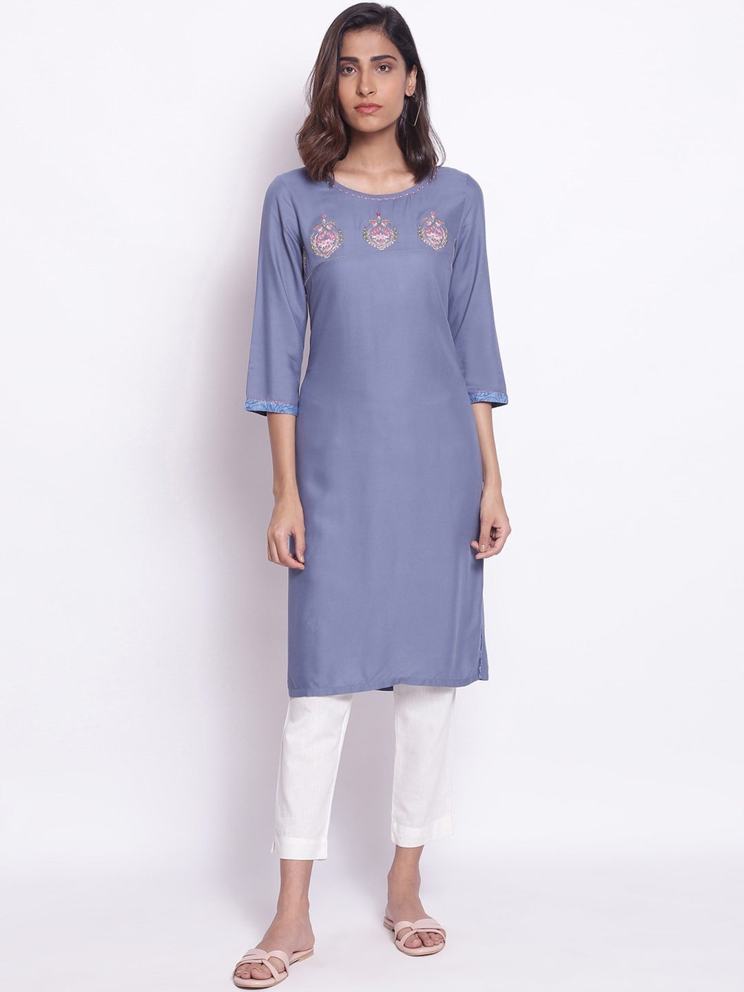 

W Women Blue Round Neck Patchwork Kurta