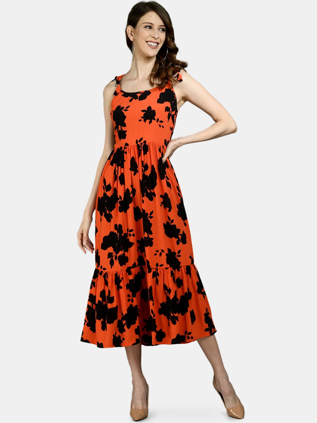 

Myshka Women's Multi Rayon Printed Sleeveless Round Neck Casual Dress