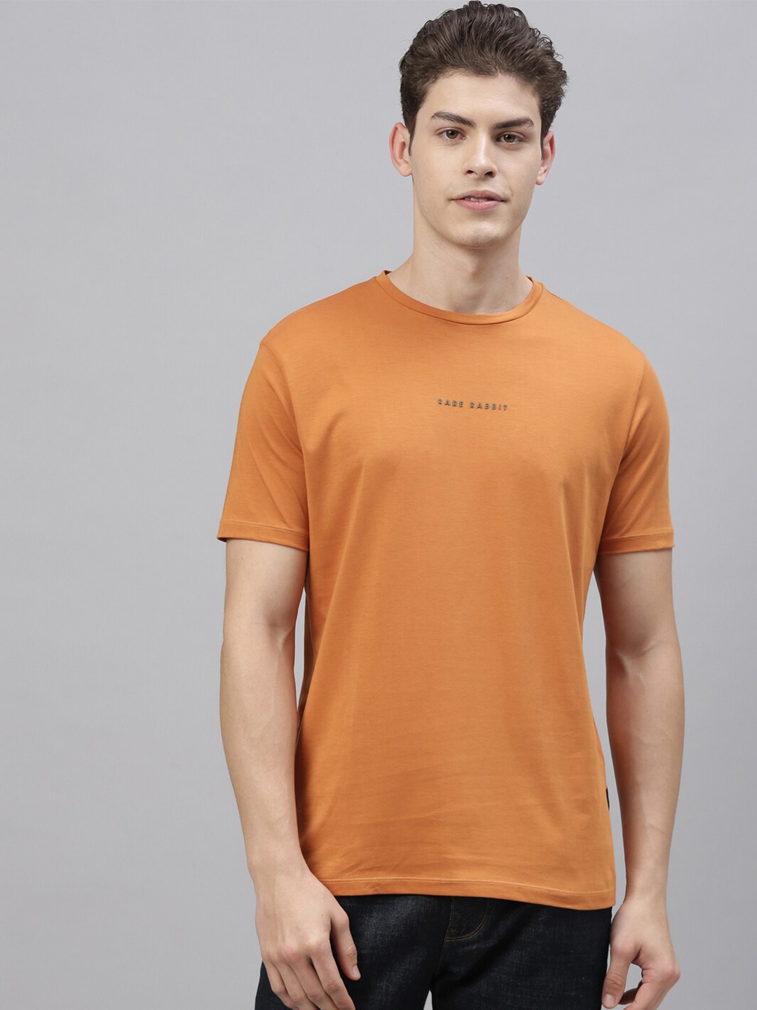

RARE RABBIT Men Orange Solid Pure Cotton T-shirt
