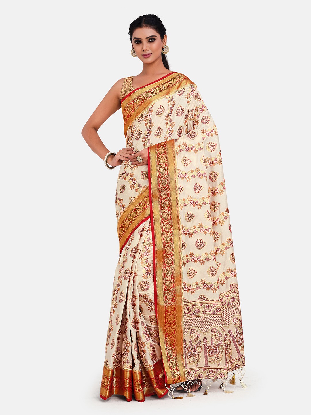

MIMOSA Off White & Red Woven Design Zari Art Silk Kanjeevaram Saree