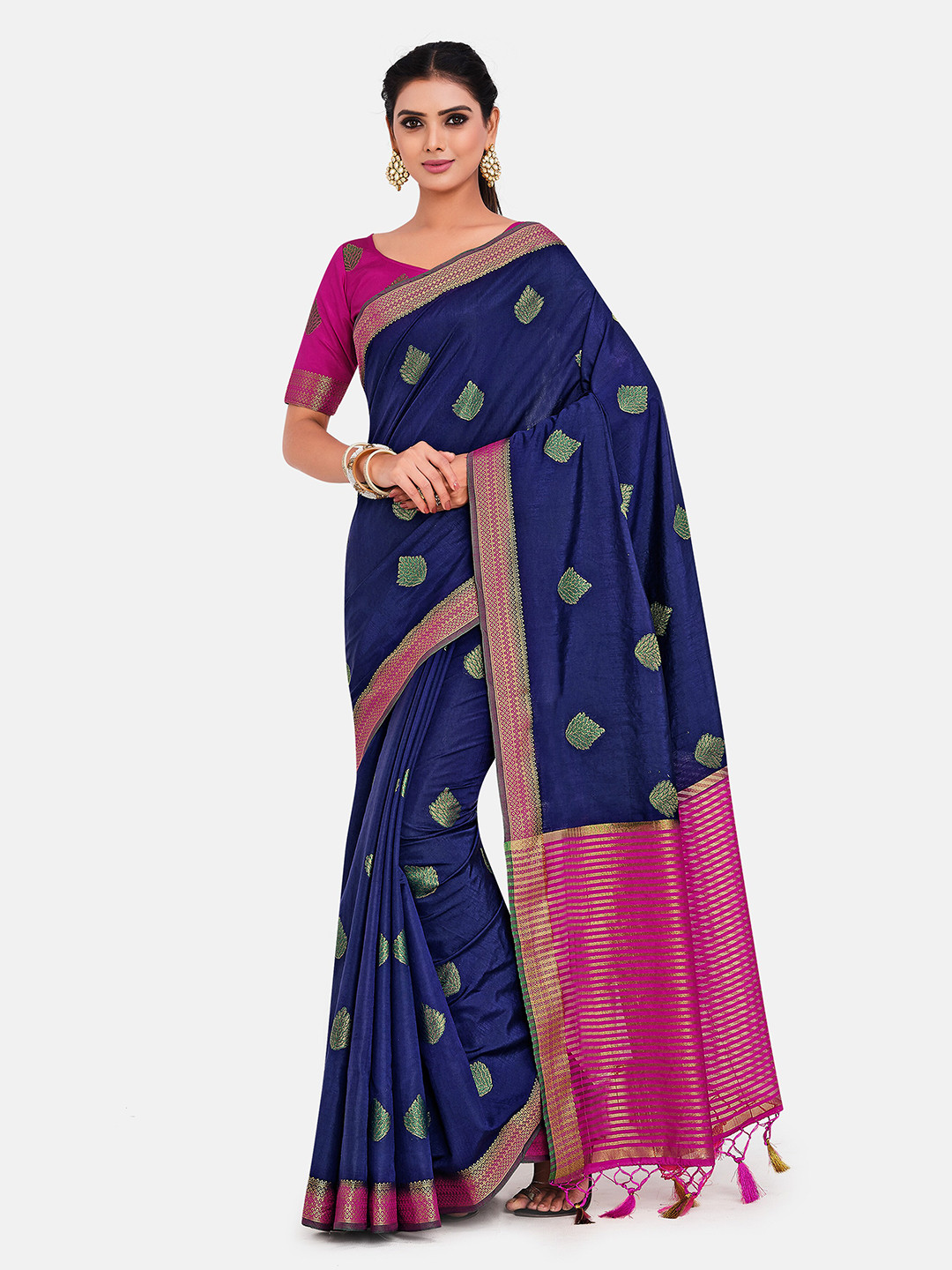 

MIMOSA Women Navy Blue Woven Design Art Silk Saree