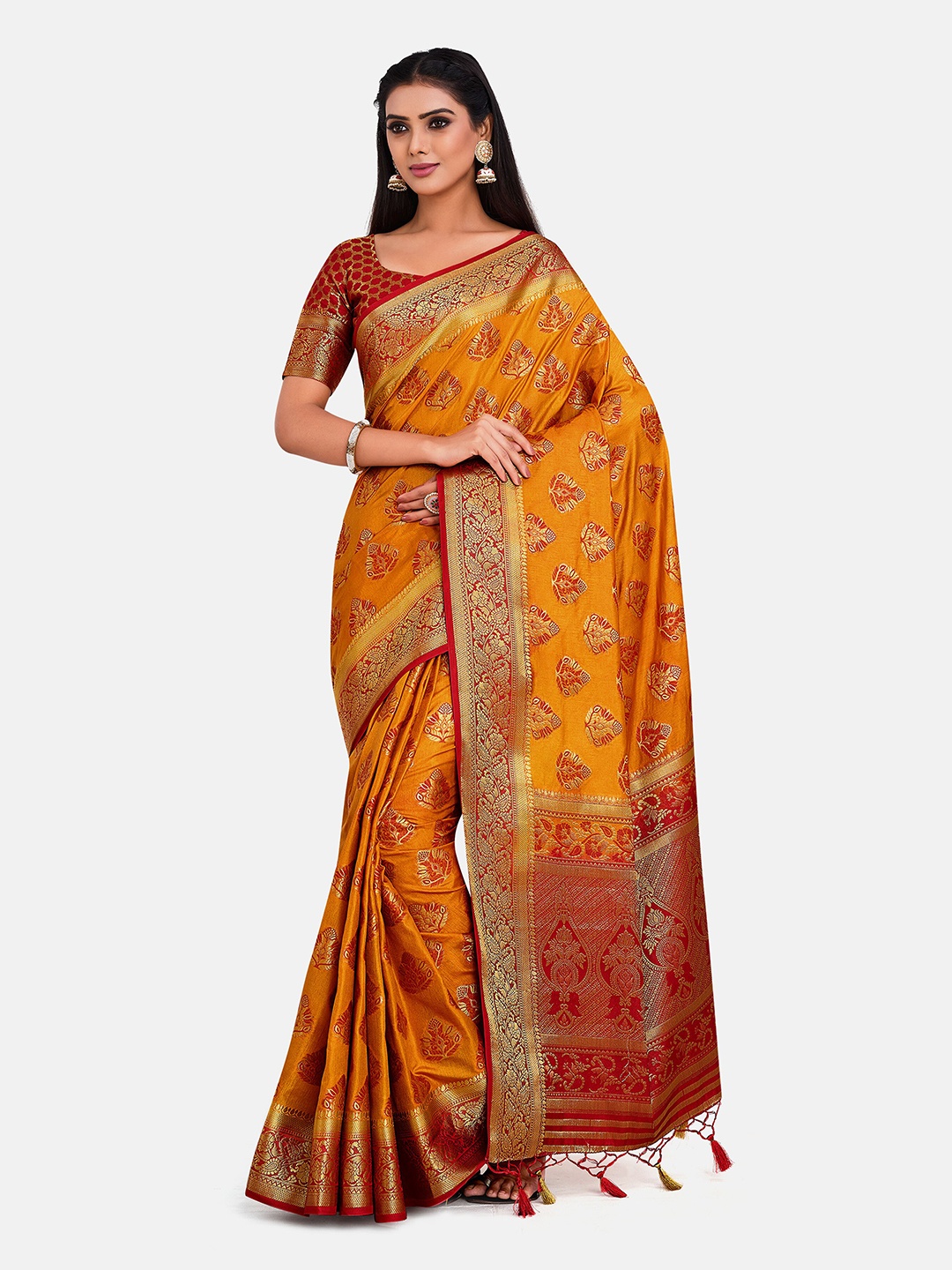 

MIMOSA Mustard & Red Ethnic Motifs Zari Art Silk Kanjeevaram Saree