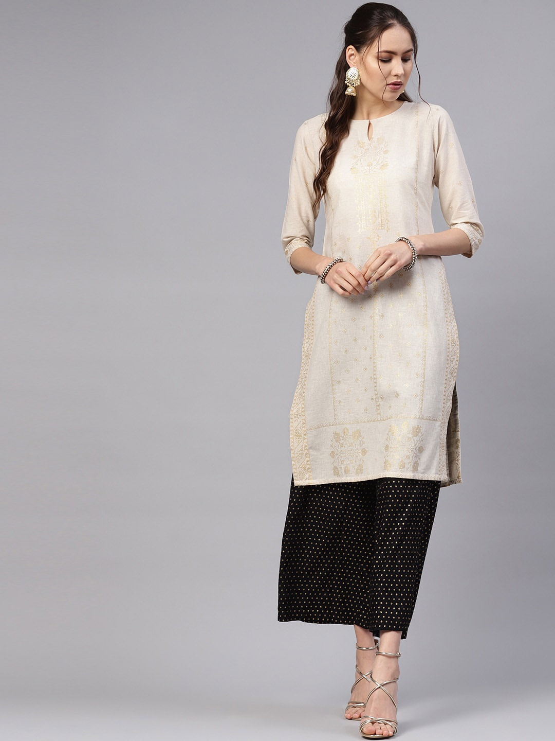 

Libas Women Beige Quirky Printed Keyhole Neck Kurta