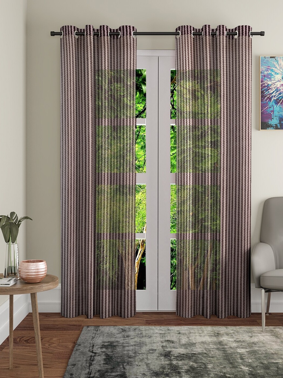 Home Sizzler Set Of 2 White & Brown Striped Long Door Curtains