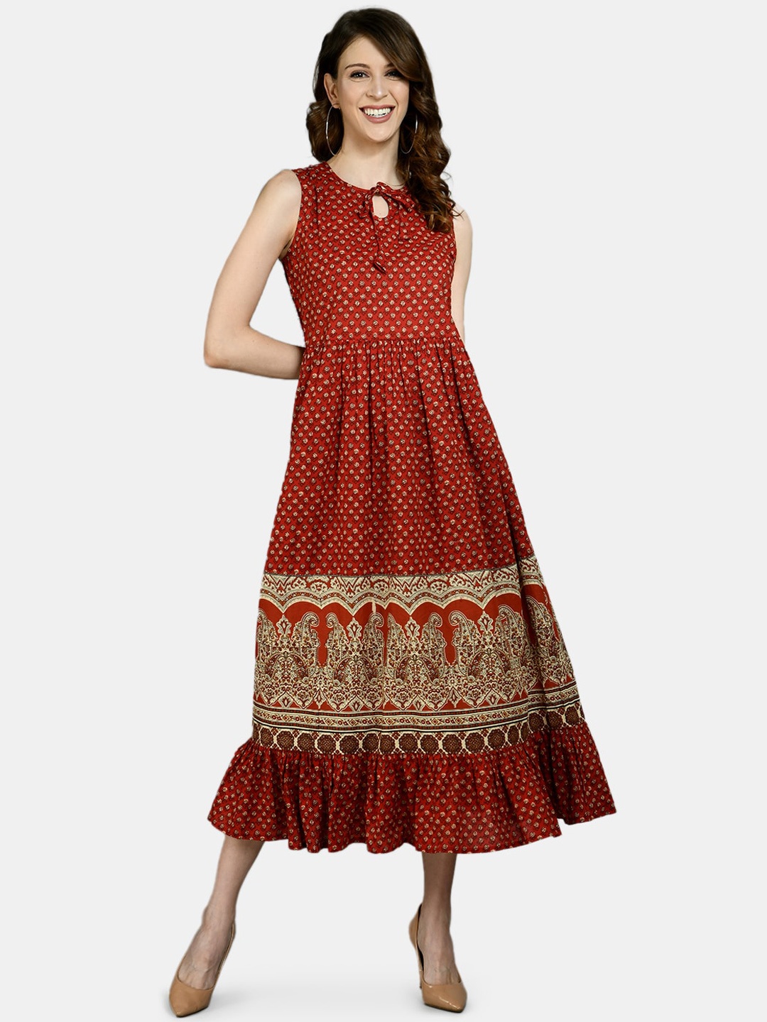 

Myshka Maroon Ethnic Motifs Keyhole Neck Midi Dress