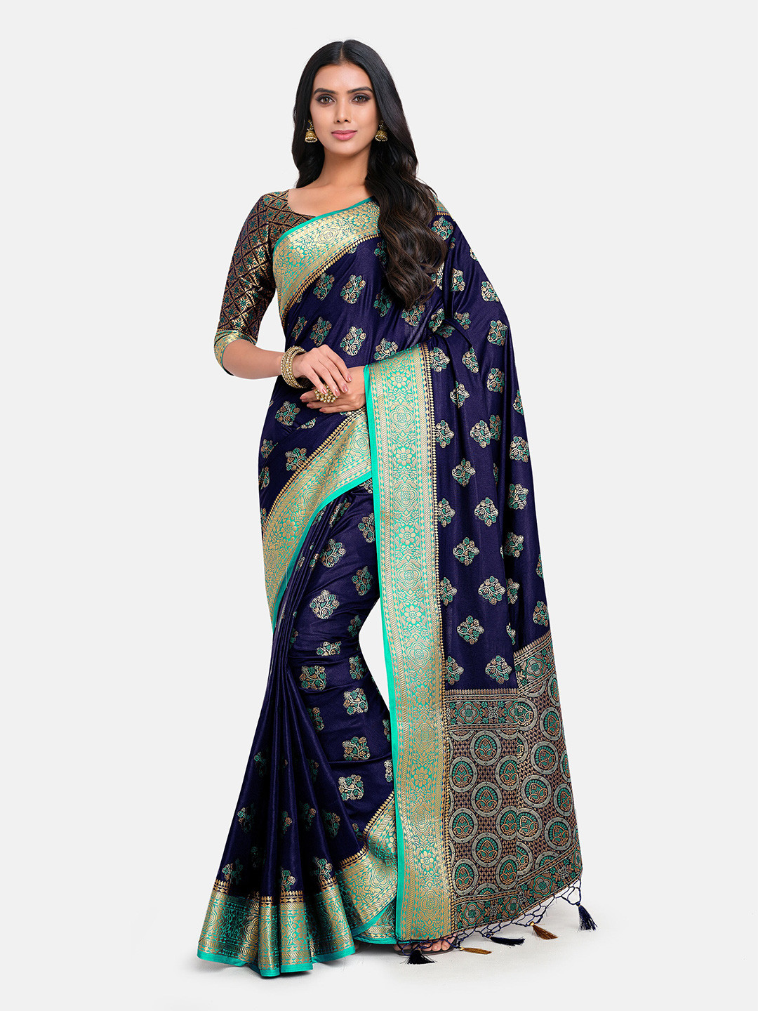 

MIMOSA Navy Blue & Green Woven Design Art Silk Kanjeevaram Saree