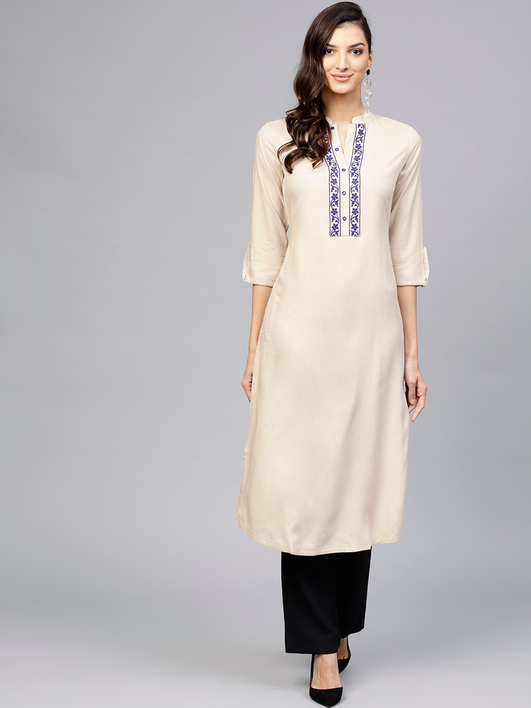 

Libas Women Beige Floral Yoke Design Thread Work Floral Kurta