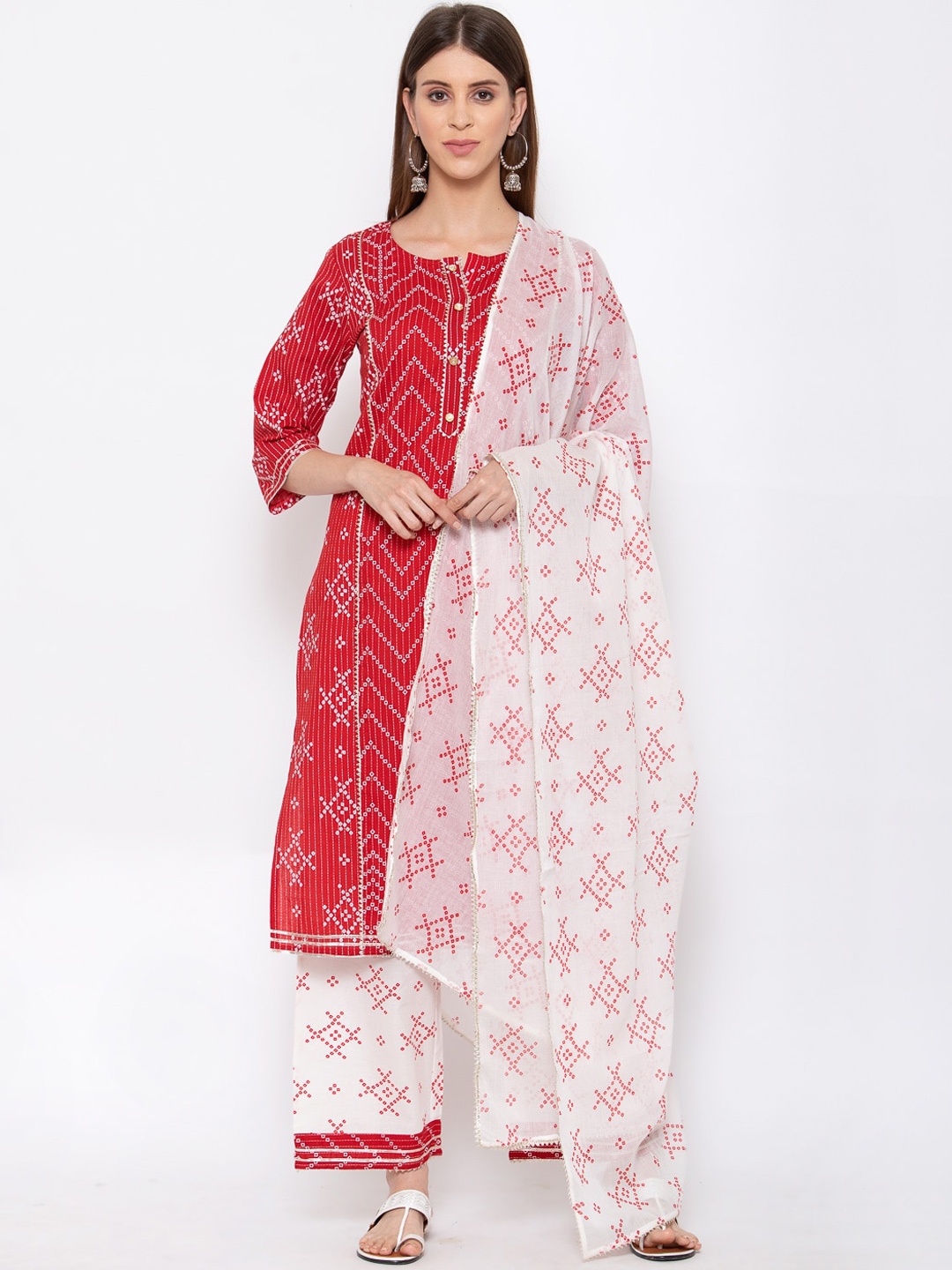 

Yuris Women Red Bandhani Printed Pure Cotton Kurta with Palazzos & With Dupatta